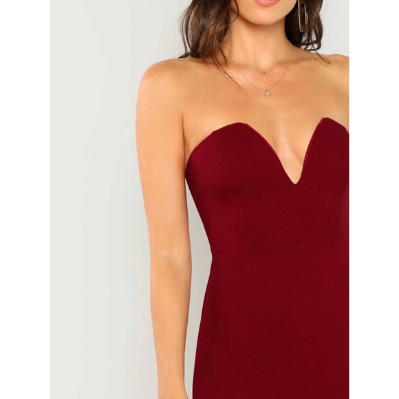 Deep v strapless dress maroon dark red bodycon - Picture 2 of 4